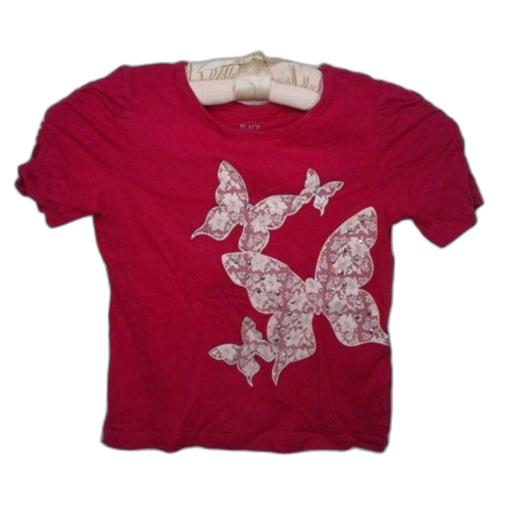 Place Girls Top Shortsleeve Hot Pink White Silver Embellishment Butterfly 5/6